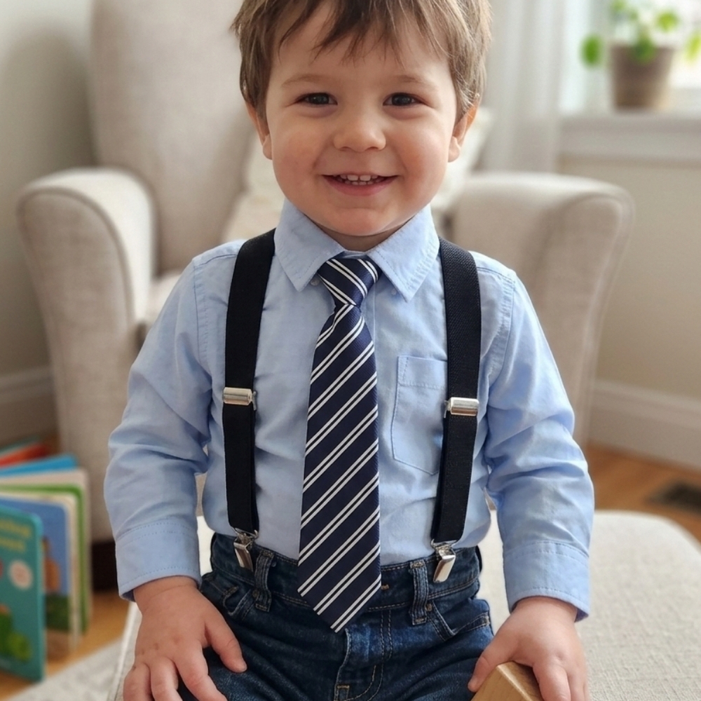 Toddler Navy Blue Stripped Neck Tie With Suspender Set. New Without Tag